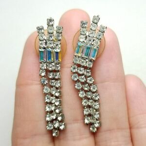 Vintage Rhinestone Fringe Dangle Stud Earrings, Retro Sparkle Fancy Formal